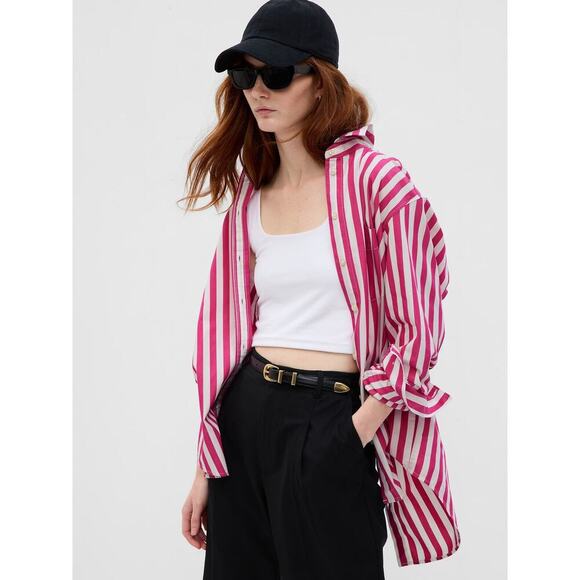 Gap Women's Pink White Striped 100% Organic Cotton the Big Shirt Size Large - Picture 1 of 7